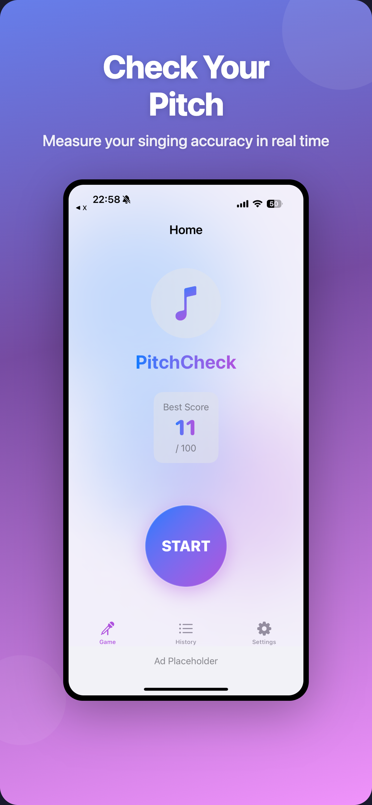 PitchCheck home screen showing best score and start button