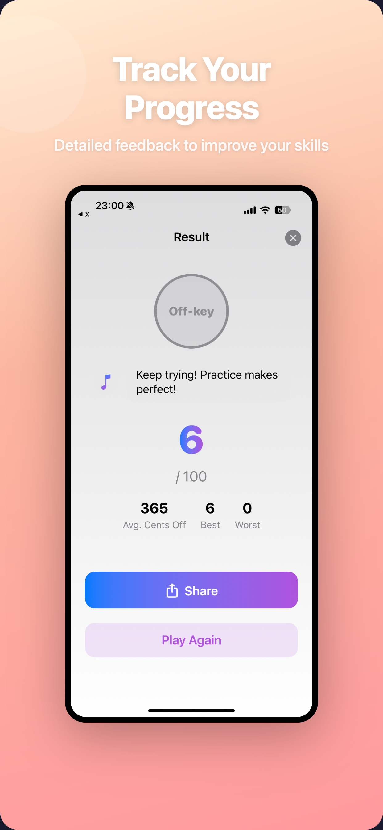 PitchCheck result screen showing score and feedback